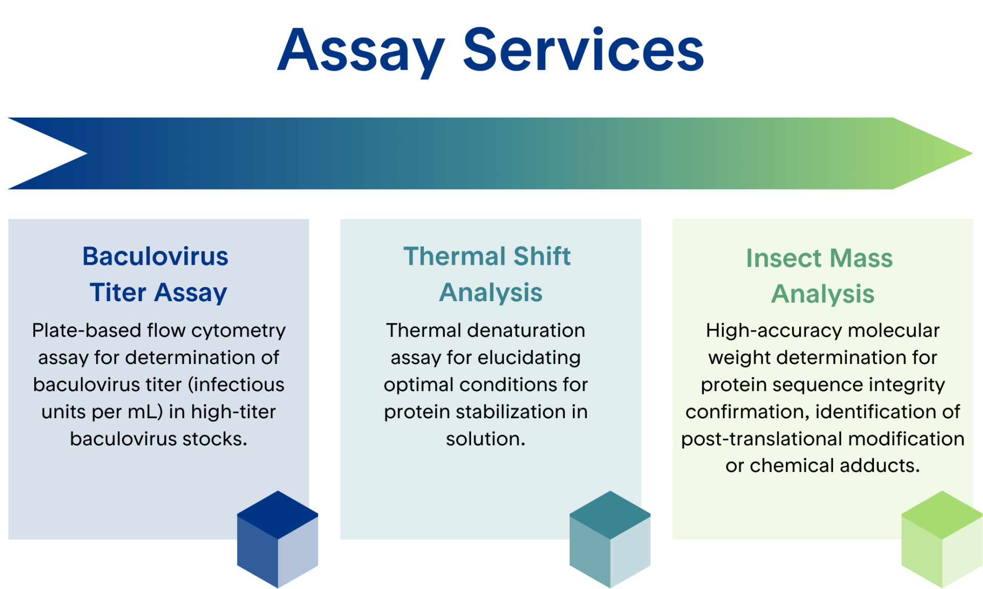 Colorful infographic depicting customized protein assay services, baculovirus titer assay, thermal shift analysis, insect mass analysis services from Proteos | US-based recombinant protein production CRO